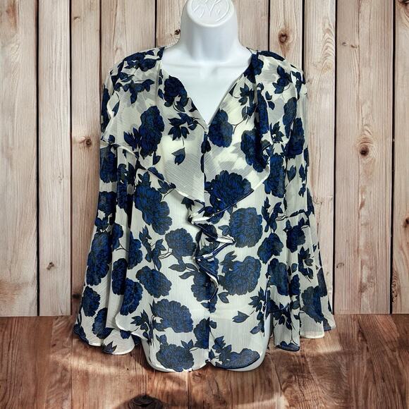 Curations Blue Floral Blouse Sz XS Bell Sleeve V-Neck Top Lined Layered Tank - Picture 2 of 8